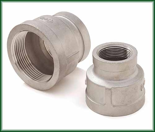 Two different Cast Stainless Threaded Reducers.