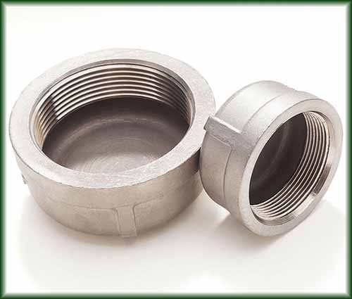 Two types of Cast Stainless Threaded Caps in different sizes and grades.