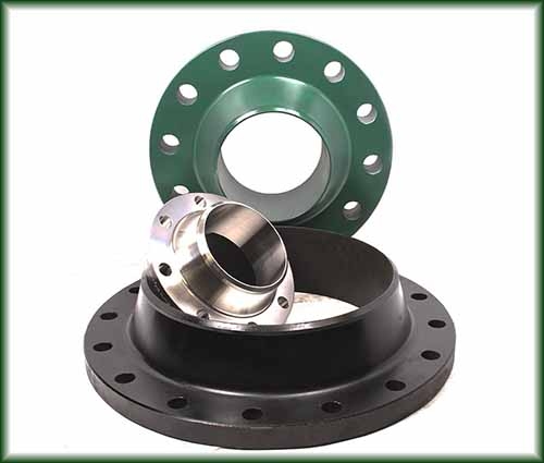 Three Weld Neck Flanges in Aluminum&comma; Carbon Steel&comma; Stainless Steel&comma; and High Yield.