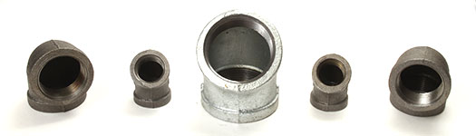 Five different Malleable Iron Elbows in black and galvanized finishes