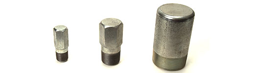 Three different Carbon Steel Bull Plugs are galvanized and Zinc Electroplated.